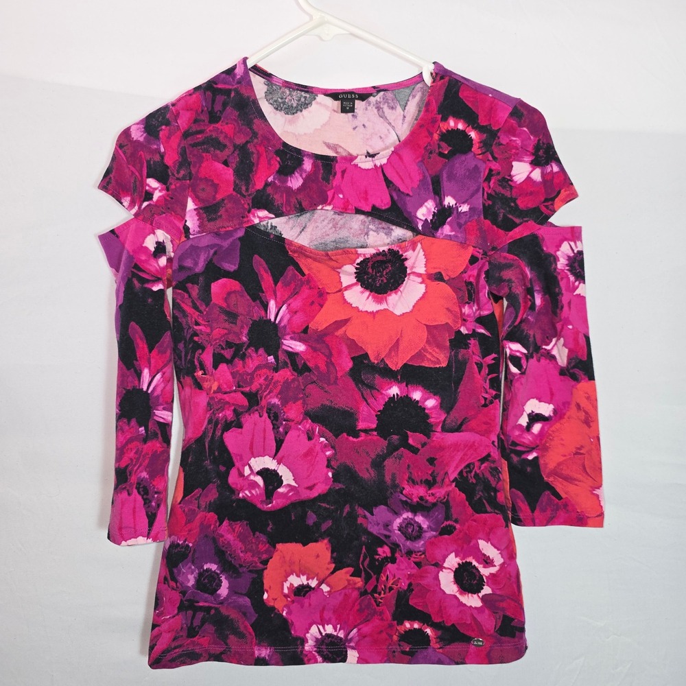 Guess Womens Pink Floral Cold Shoulder Cutout Top 3/4 Sleeve Size Medium